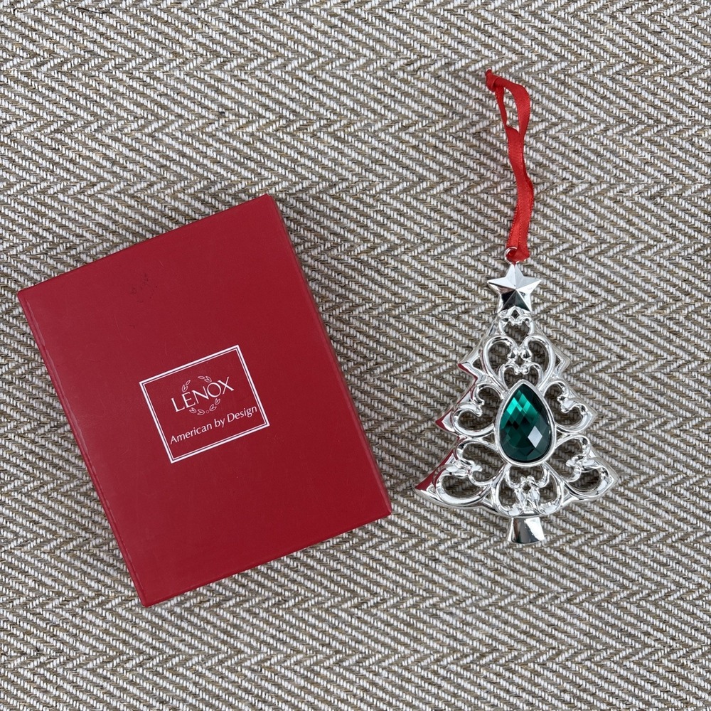 Lenox Ornament Christmas Bejeweled Tree Silver Plate Green Crystal